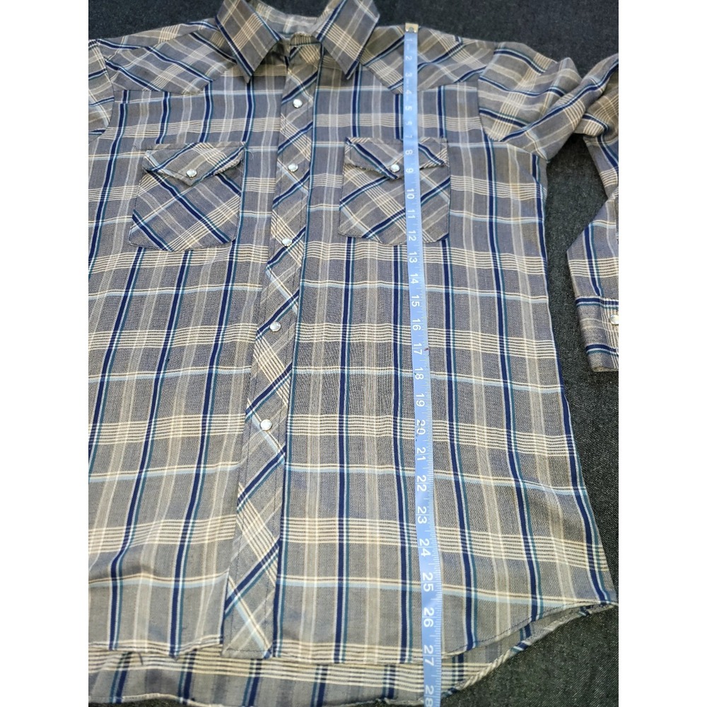 Vintage 70s Rancher Western Wear Mens Button Up Blue Plaid Pearl Snap Size L USA - Picture 11 of 13